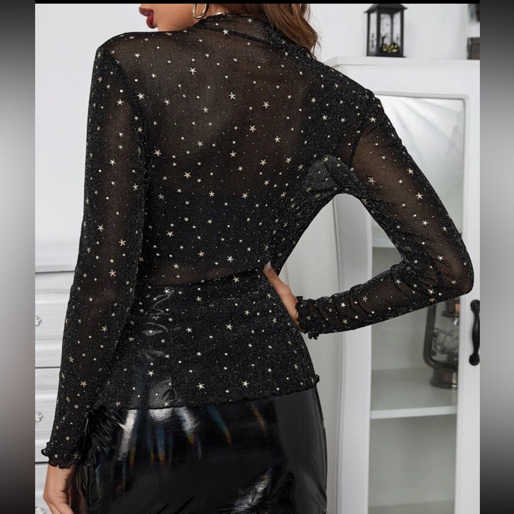 Star mesh shirt top blouse sheer transparent sexy black gold star sequins - Picture 2 of 7